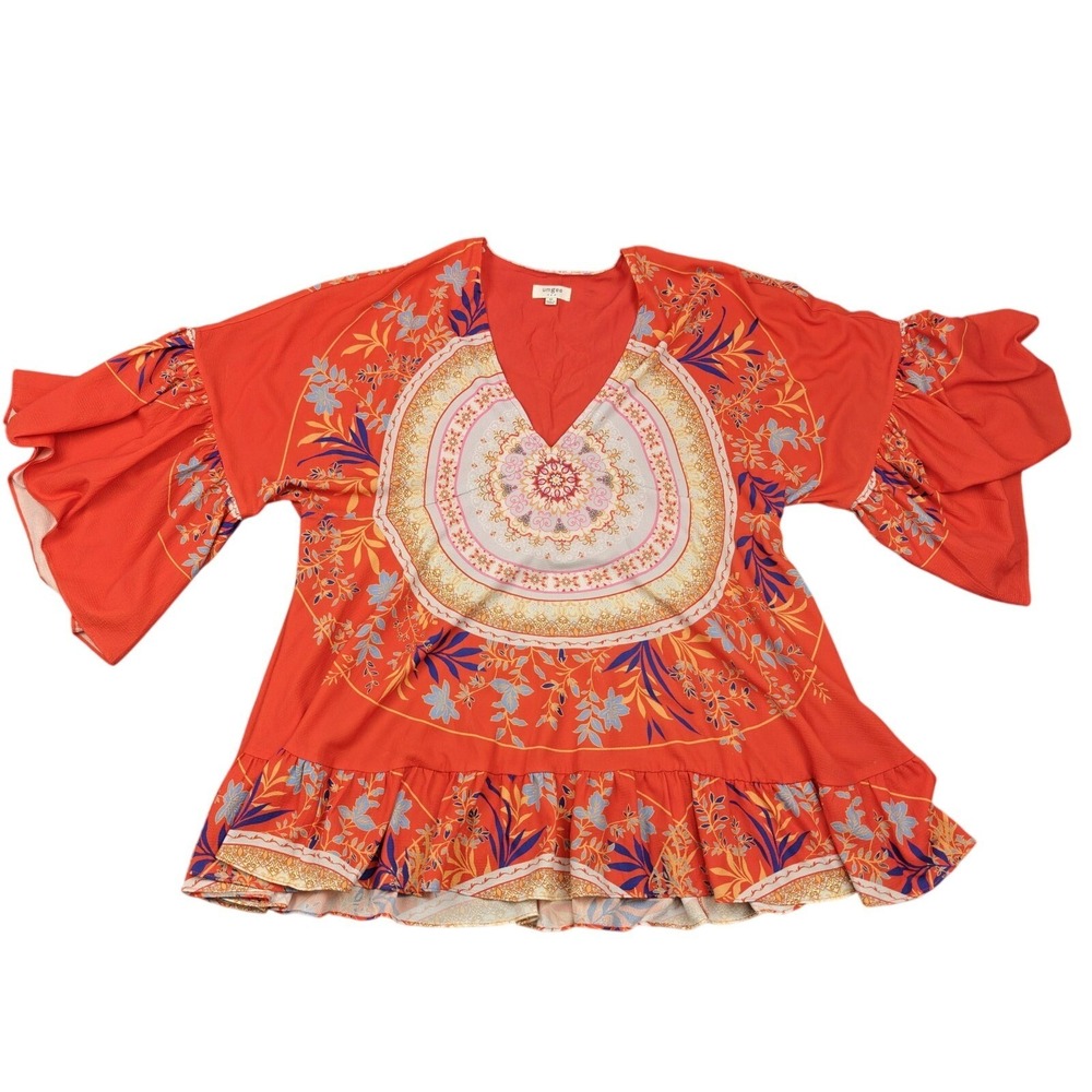 Umgee Blouse Womens Medium Orange Floral Bell Sleeve Ruffle Hem Tunic Boho